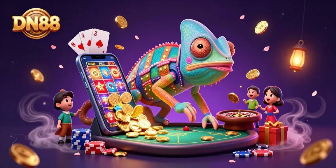 Experience exciting gaming at DN88 with dynamic illustrations of a colorful chameleon casino owner amidst rich casino elements.