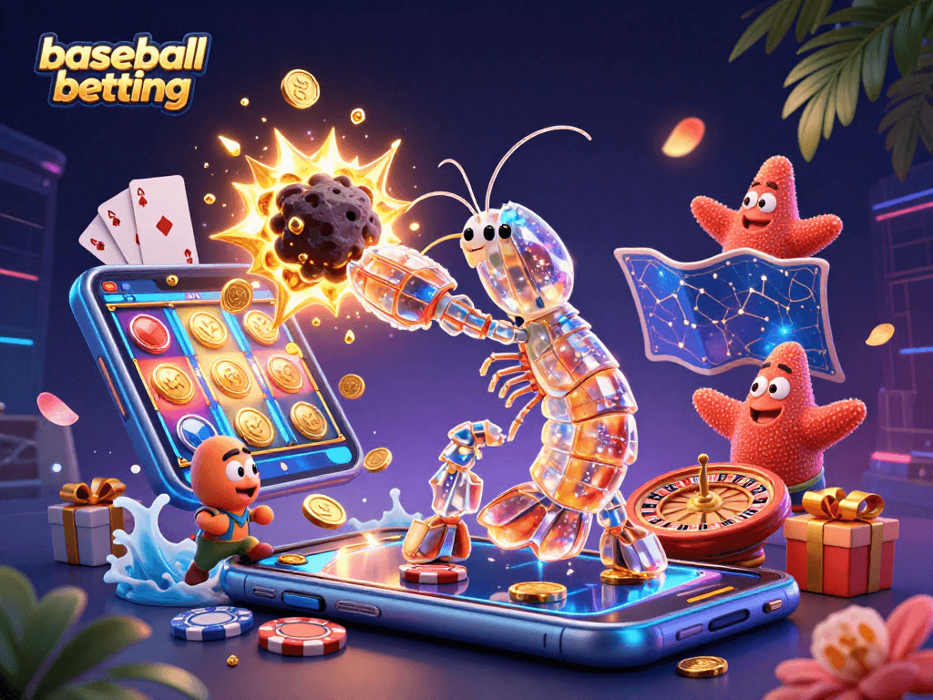 Engage in exciting baseball betting with vibrant 3D casino elements in a dynamic scene.