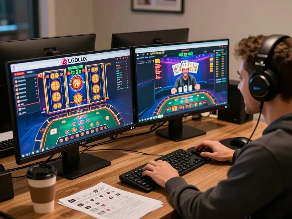 Engaging encounter at LGOLUX online casino gaming setup with vibrant screens showcasing different games.