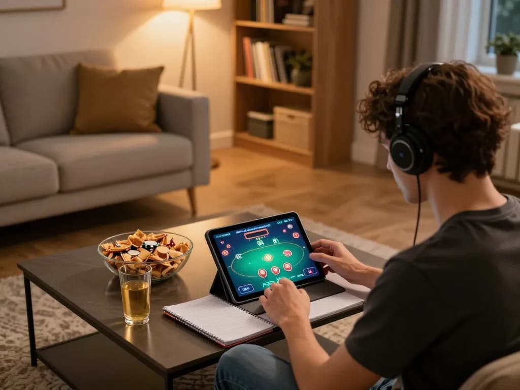 Fun88 user strategically plays poker online from a cozy home setup, showcasing responsible gaming.