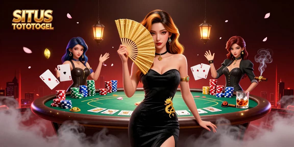 Engage with SITUS TOTOTOGEL in a rich 3D casino illustration showcasing poker elements and an elegant Asian woman.
