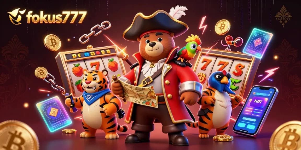 Engage with fokus777's dynamic gaming scene featuring animated characters and vibrant casino elements.