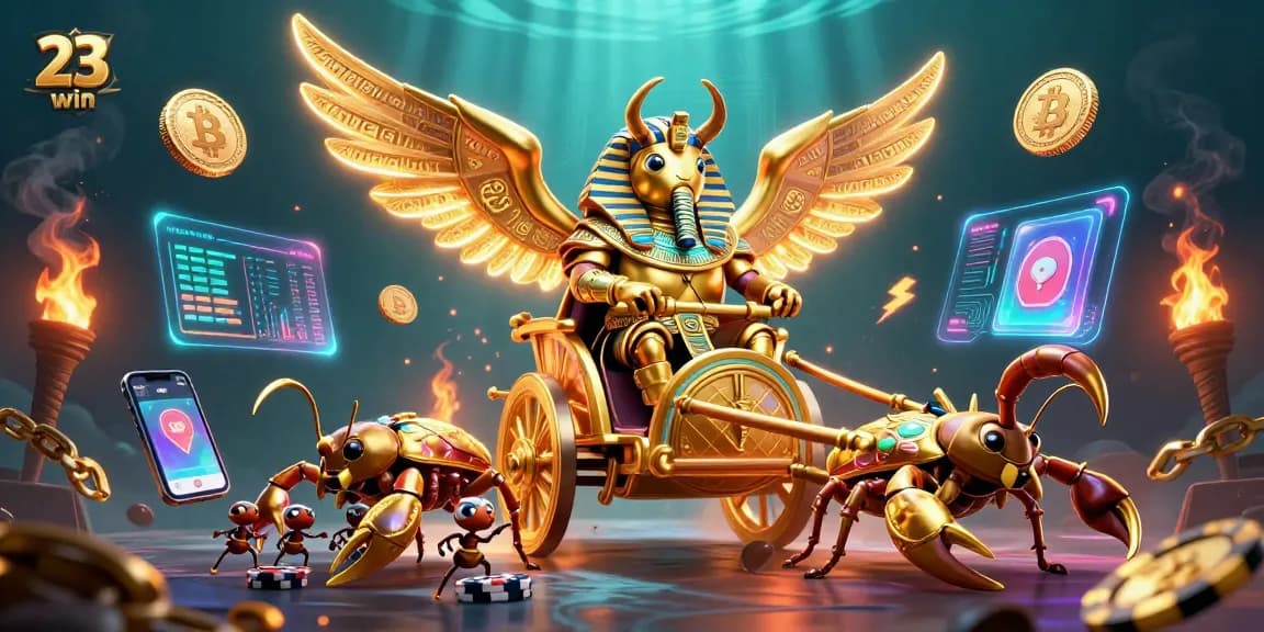 Engage with 23win's vibrant gaming experience featuring intricate characters and crypto elements.