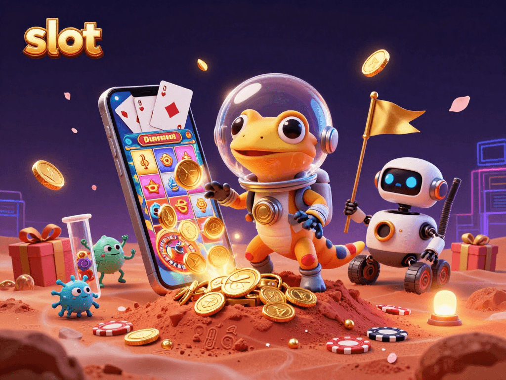 Experience thrilling slot adventures with a Martian gecko uncovering casino treasures.