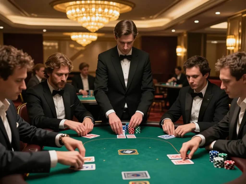 MM88 poker players strategizing in an upscale casino during an intense match.