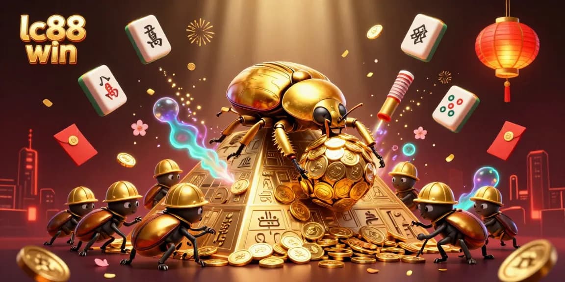 Experience the thrill of lc88 win as you engage in a vibrant 3D casino scene filled with golden symbols and joyous energy.