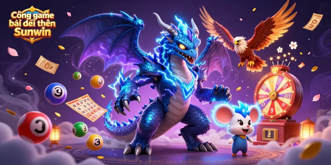 Cổng game bài đổi thưởng Sunwin showcases thrilling gaming with vibrant elements like colorful lottery balls and dynamic prize wheels.