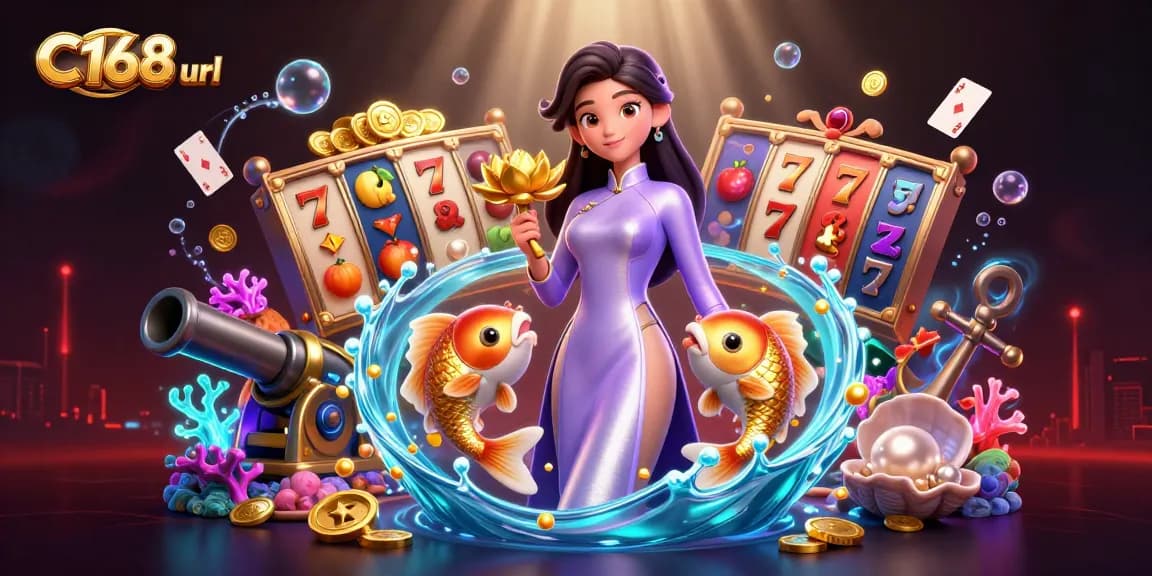Bet on luck with C168 url, featuring a vibrant 3D casino scene filled with slots and colorful elements.