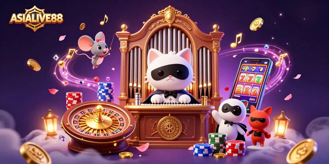Experience thrilling moments with ASIALIVE88 at an extravagant online casino scene featuring dynamic characters.