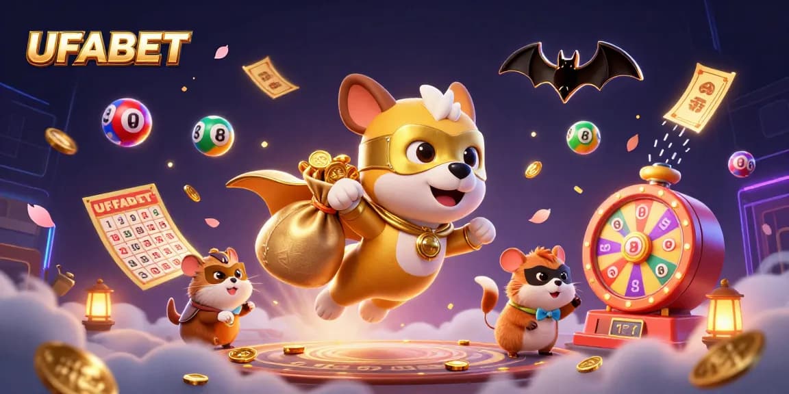 Experience the thrill of UFABET's online gaming with a vibrant illustration featuring a superhero dog and dynamic casino elements.