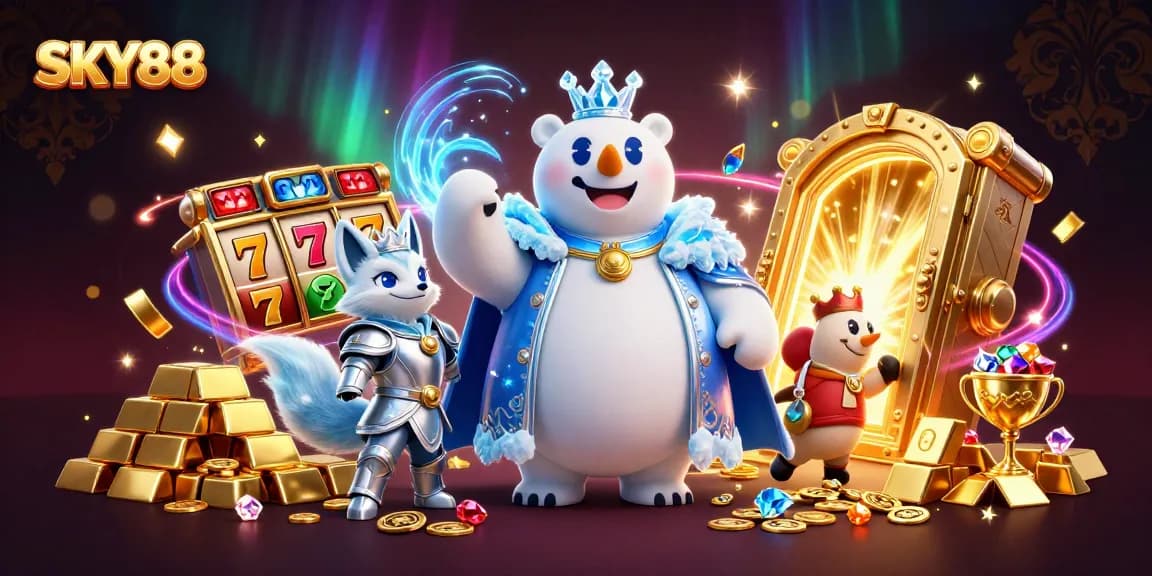 Spin to win with SKY88 at a vibrant online casino featuring a majestic polar bear and snowy fox amid treasures.