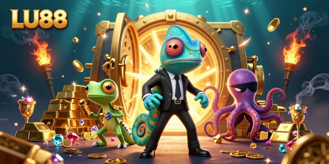 Experience excitement with LU88 in this vibrant casino scene featuring colorful characters and stacked treasures.