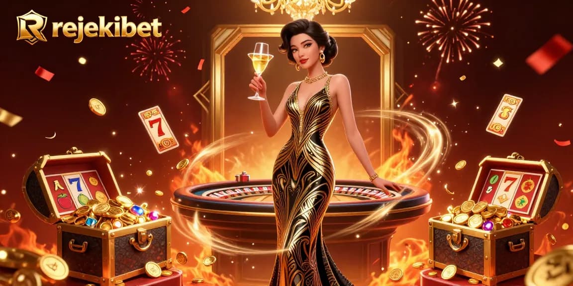 Win big at rejekibet with stunning slot games and golden jackpots in this vibrant illustration.