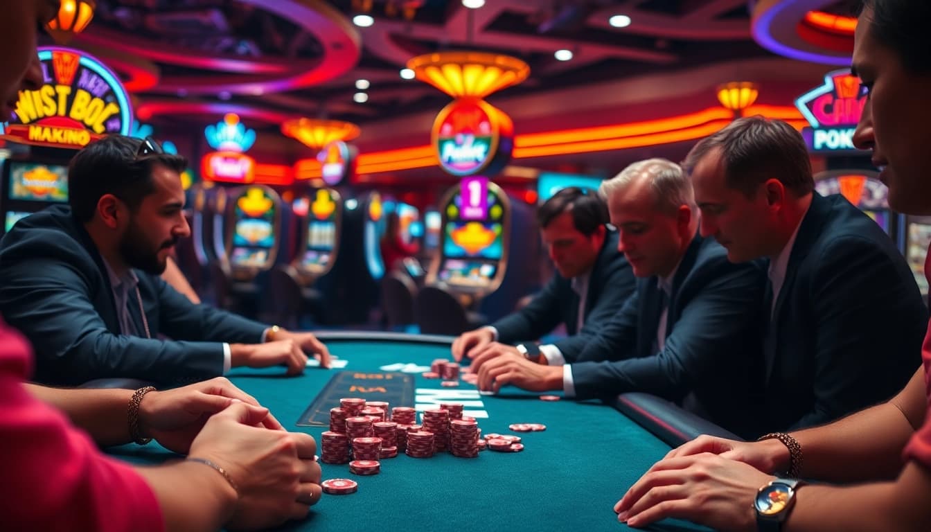 Permainan situs gacor dengan pemain terlibat di meja poker, atmosfer kasino yang hidup.