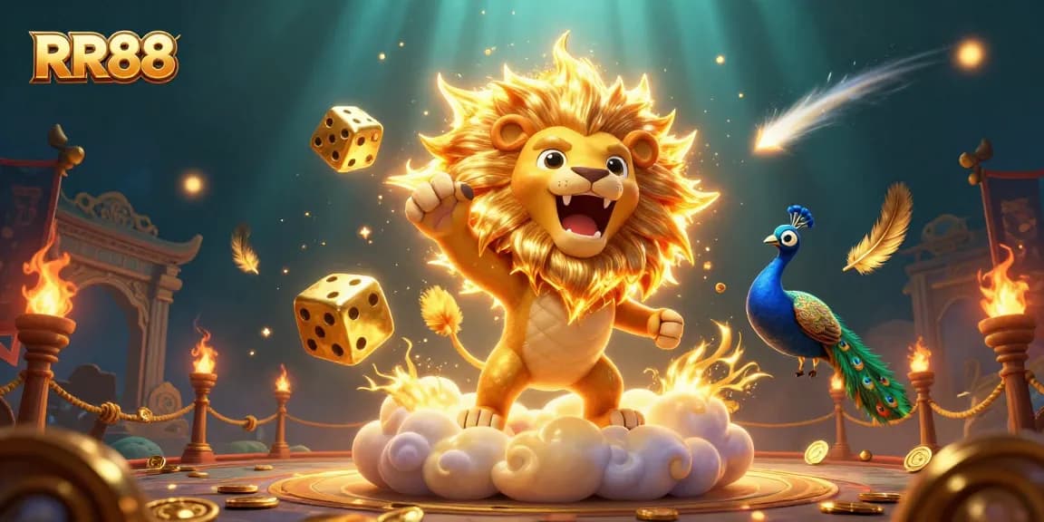 Experience thrilling games at RR88 with vibrant 3D visuals of a roaring lion and dynamic casino elements.