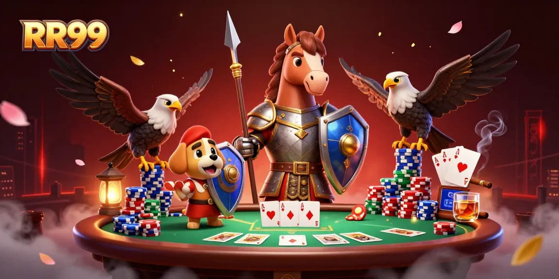 Experience immersive gambling action with RR99 as knights and a falcon engage in card games.