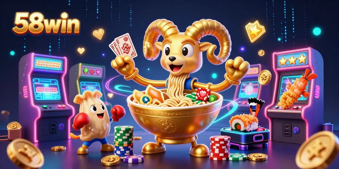 Experience the thrill of 58win with colorful characters dealing cards and stacking chips in a vibrant casino scene.