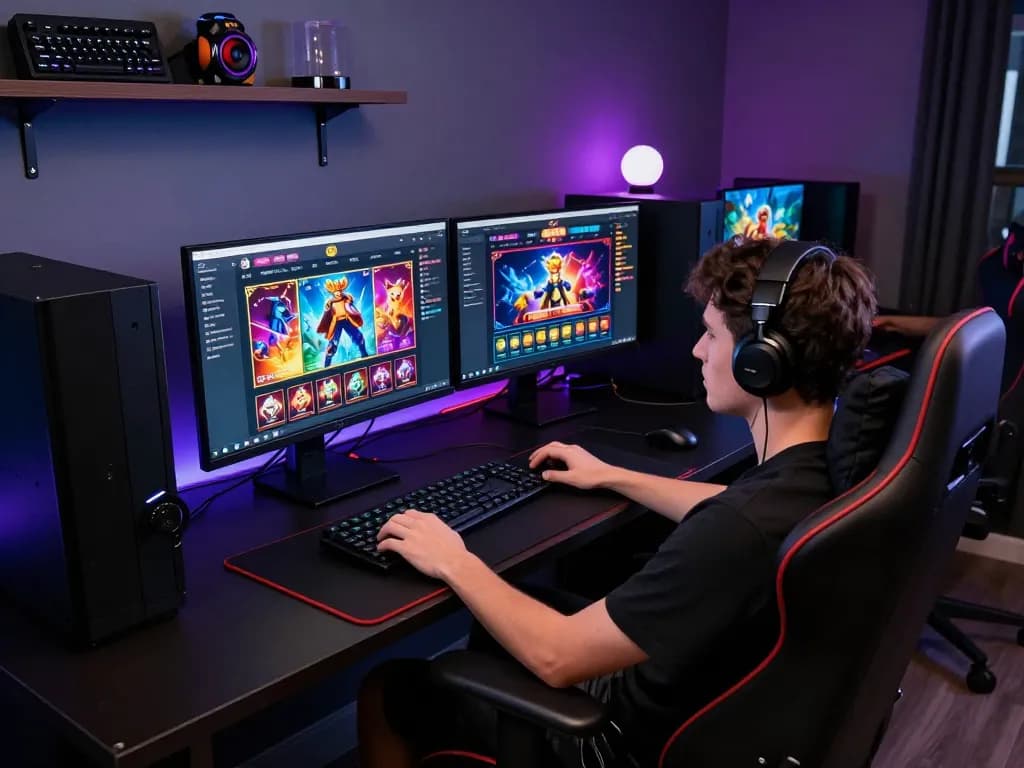 Player engaging with the 99ok online casino on a stylish desktop setup, showcasing vibrant game interface.