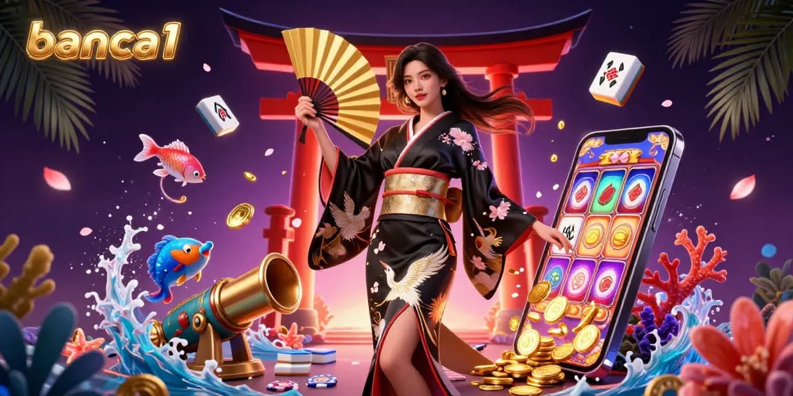 Banca1 showcases thrilling fish shooting action with a vibrant Asian-themed illustration featuring game elements and a stunning scene.
