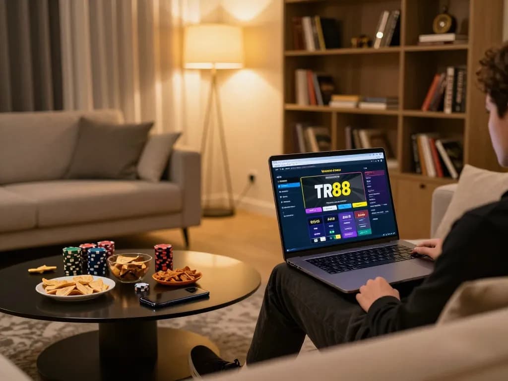 Engaging online gaming with TR88 interface in a cozy living room setting.
