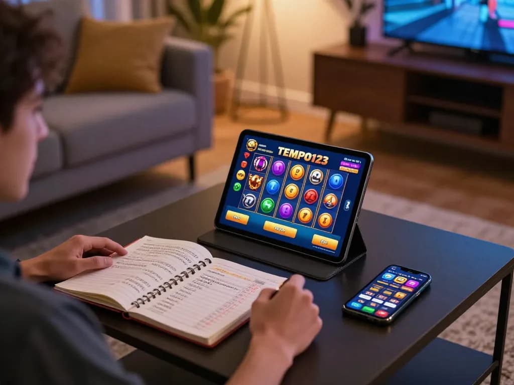 Engaged player enjoying Tempo123 Slot on tablet in a cozy home gaming setup.