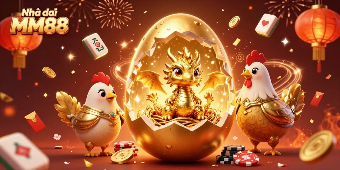 Engage with Nhà cái MM88 featured in an exciting scene with golden elements, poker chips, and festive decorations.