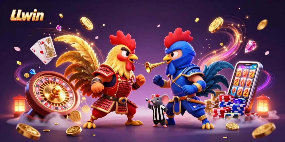 LLwin showcases twin fighting roosters in a dynamic standoff amidst abundant casino elements.