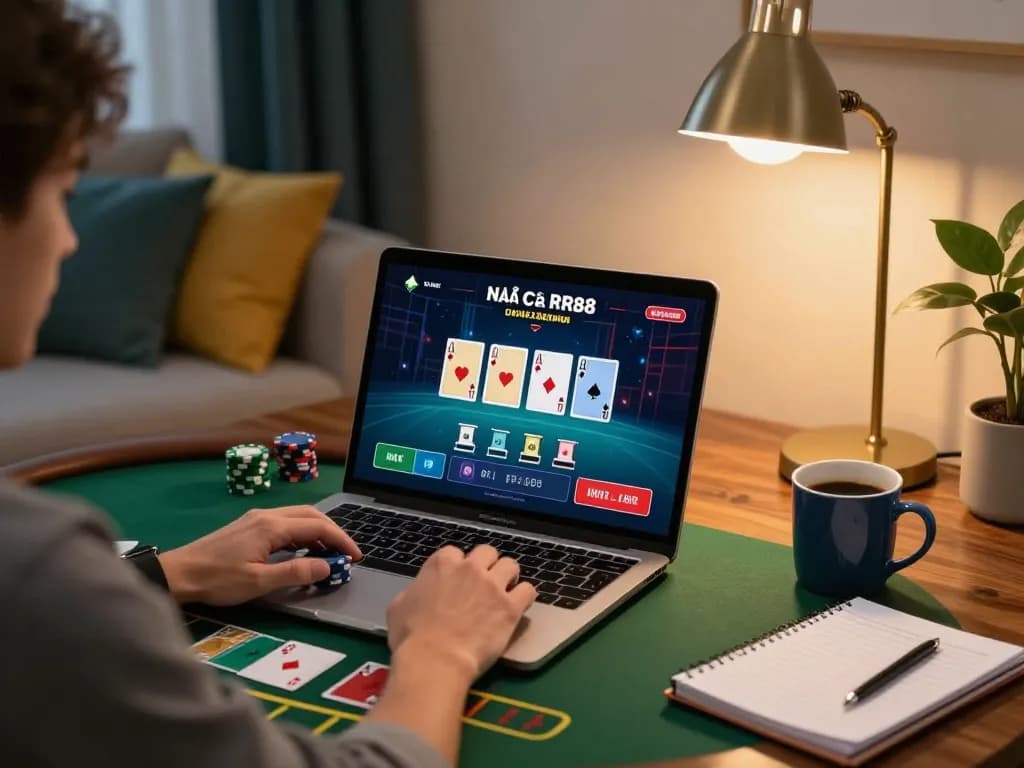 Player enjoying online blackjack game at home, highlighting Nhà Cái RR88 as a top choice for gamers.