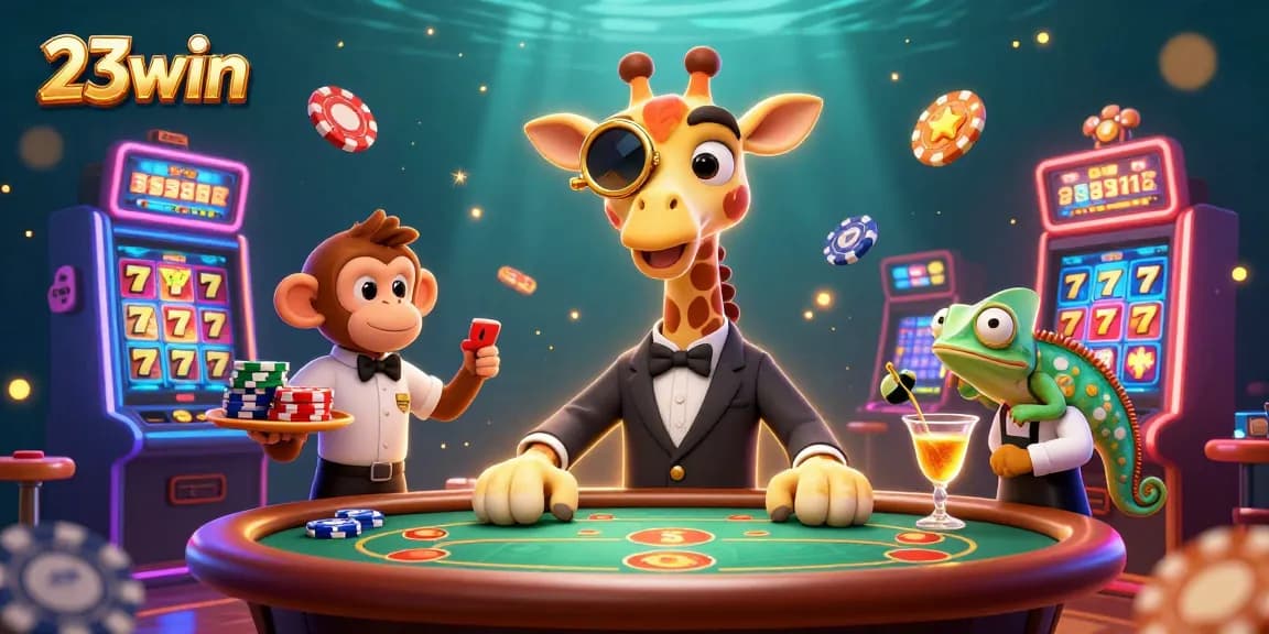 Engage in thrilling casino experiences with 23win's lively 3D illustration of a high-roller giraffe and playful characters.