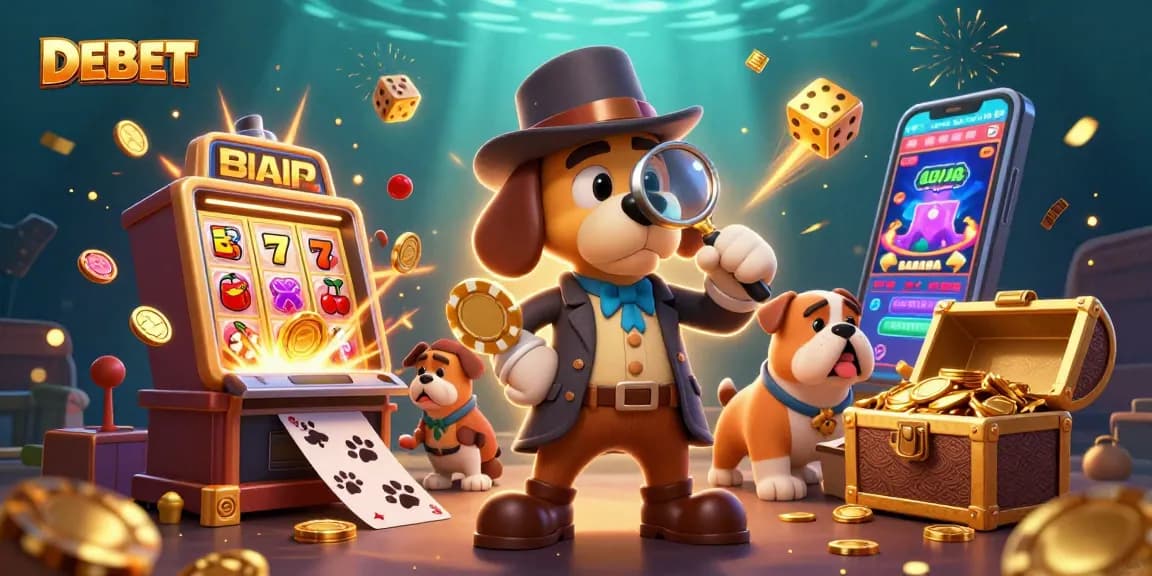 Engage with DEBET's thrilling slot adventure through a vibrant, dynamic casino scene.