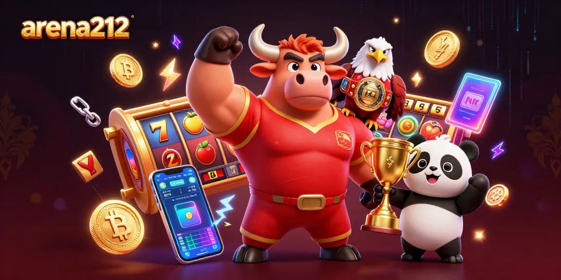 Menyambut kemenangan di arena212 dengan karakter kartun 3D menarik dan simbol kasino.