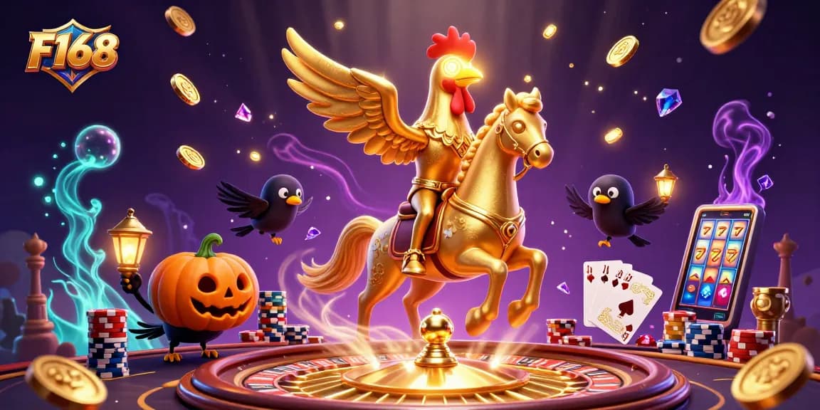 Experience thrilling gaming at F168 with a golden rooster and spectral horse in a vibrant casino atmosphere.