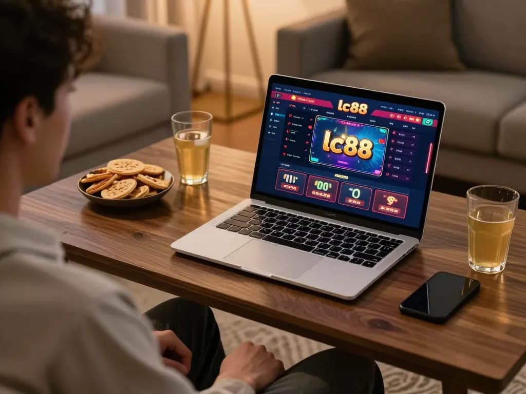 Player engaging in strategic gameplay on lc88 casino website with cozy home setup.