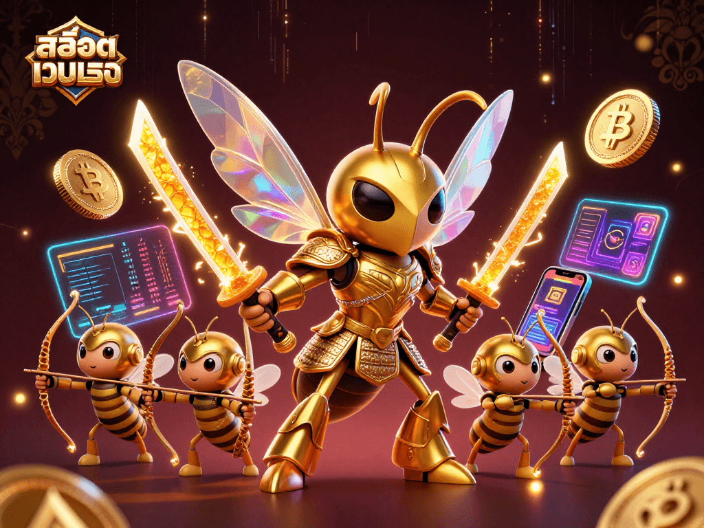 Experience สล็อตเว็บตรง with vibrant golden hornets and crypto elements in a dynamic casino scene.