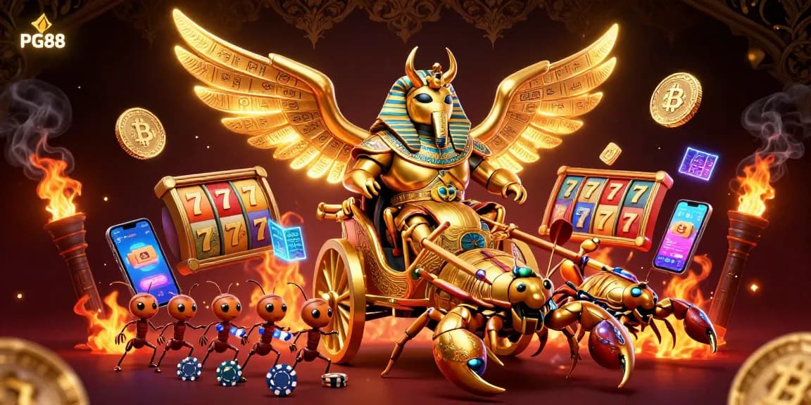 Experience the thrilling world of PG88 with a vibrant 3D illustration of a golden scarab beetle, slot games, and cryptocurrency elements.