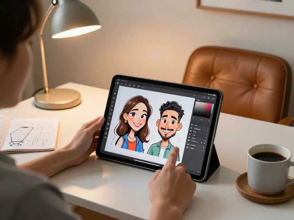 Creating a Chatgpt caricature using a tablet at a stylish home office.