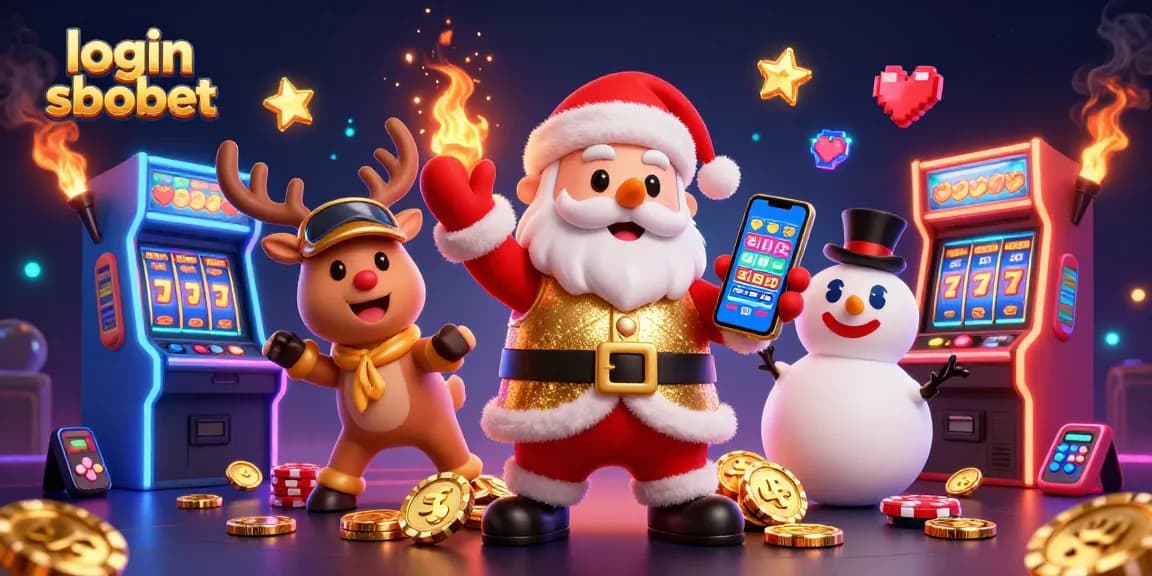 Engage in thrilling gameplay with login sbobet as Santa Claus shows jackpot slots amidst vibrant casino elements.