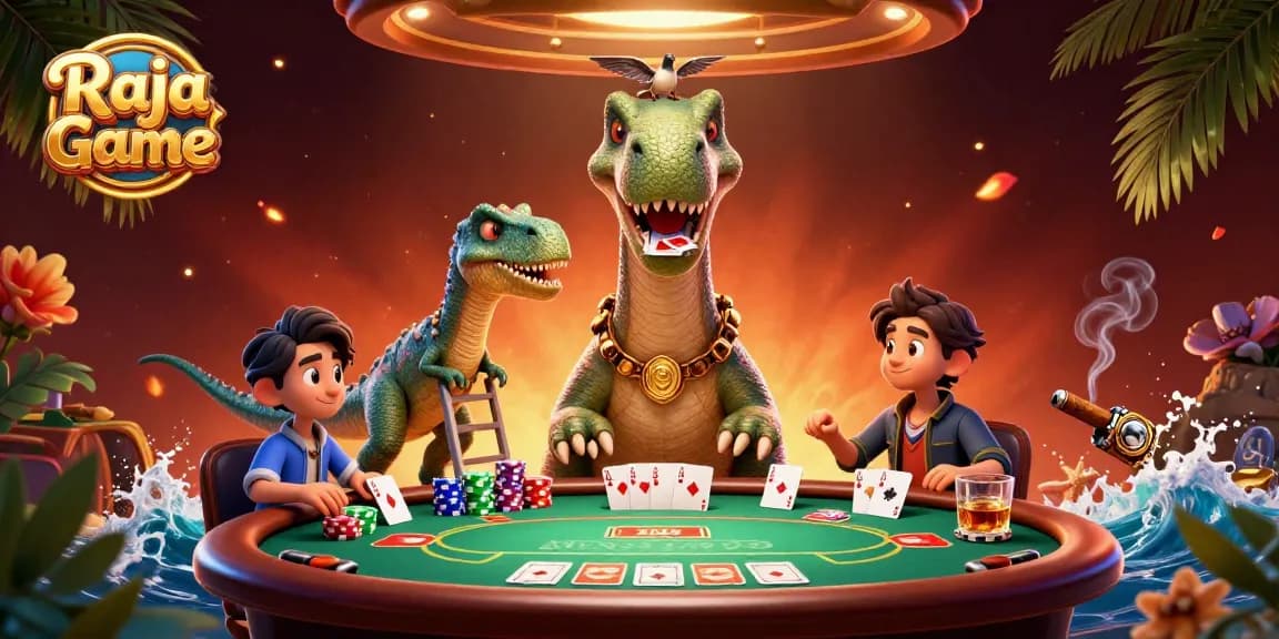 Win daily rewards on Raja Game with 3D cartoon characters in a vibrant casino illustration.
