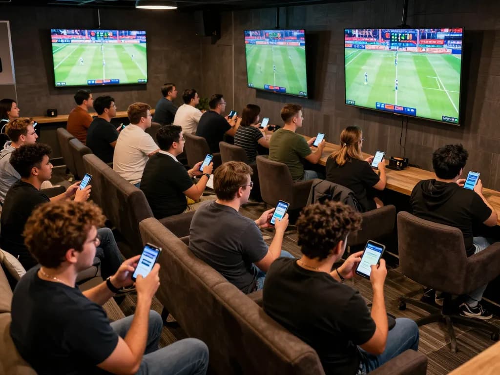 Betting enthusiasts using the OKFUN app in a lively sports lounge to place wagers on games.