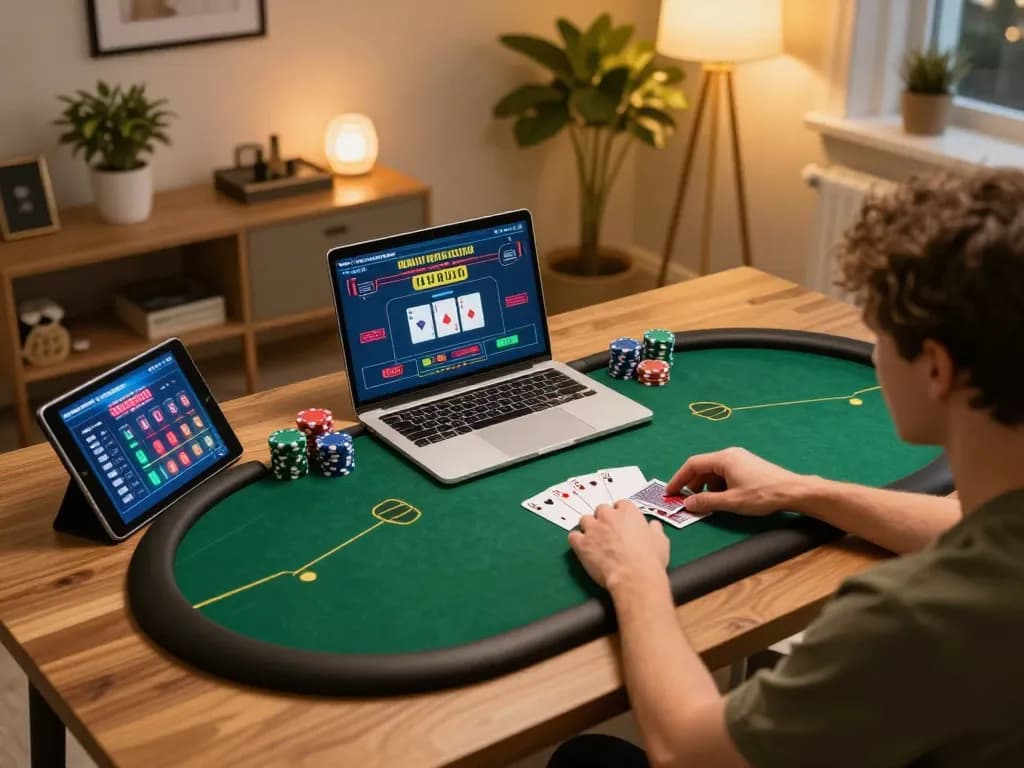 hb88 player winning at online poker game on laptop in cozy home office