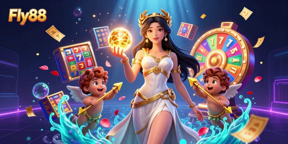 Experience thrilling wins at Fly88 with vibrant slot reels, lucky 7s, and a captivating goddess.