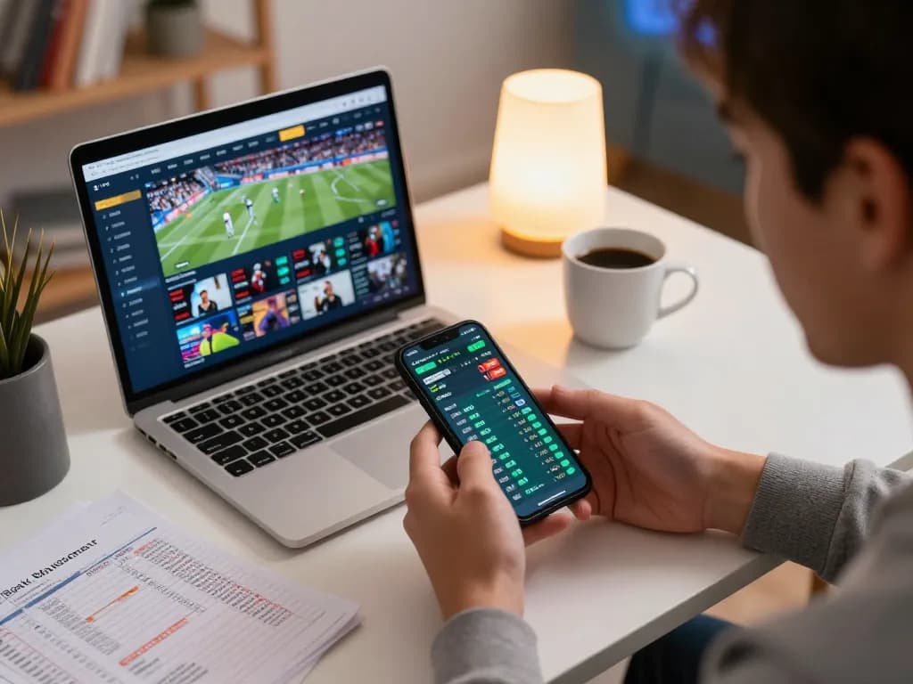 Engaging in online sports betting with UGDEWA app on smartphone amid focused ambiance