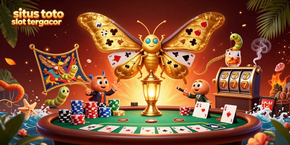 Spin the reels at situs toto slot tergacor with vibrant casino scene featuring golden butterfly and poker elements.