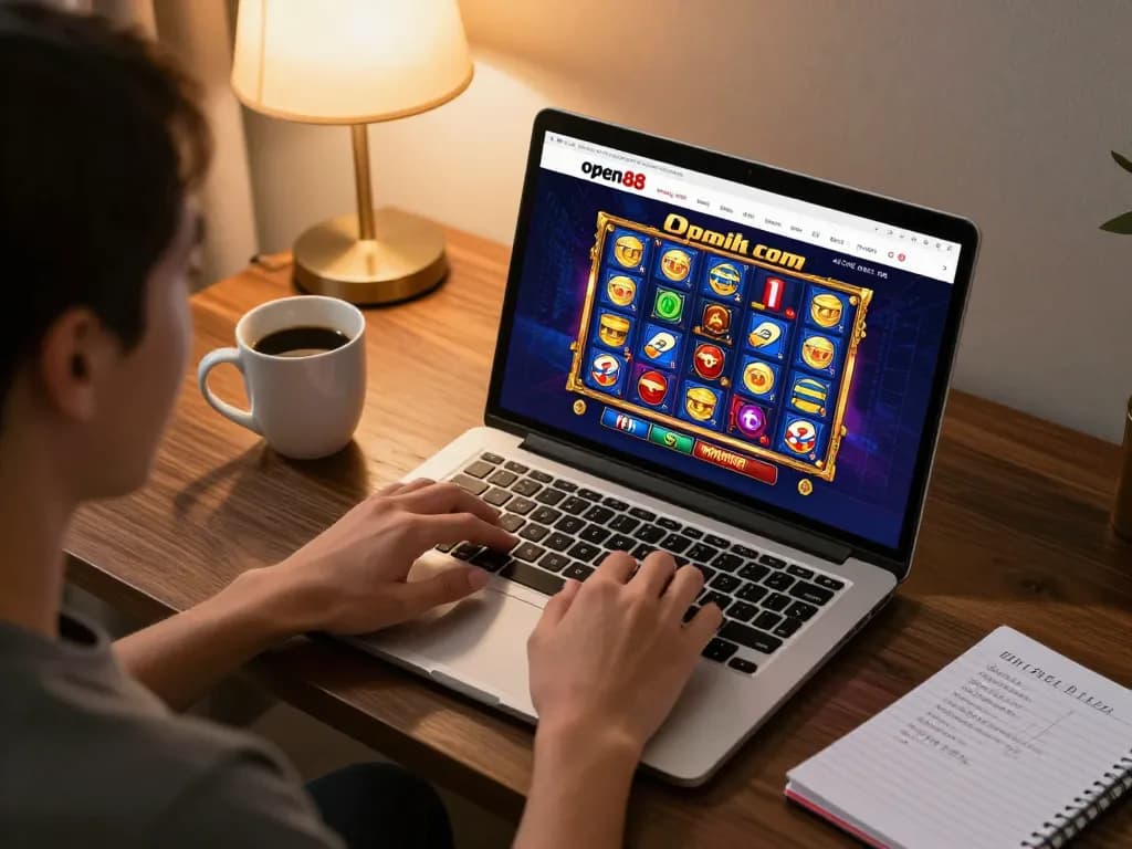 Engaging online gambling experience with open88 com displayed on a laptop, emphasizing strategic gameplay and cozy home atmosphere.