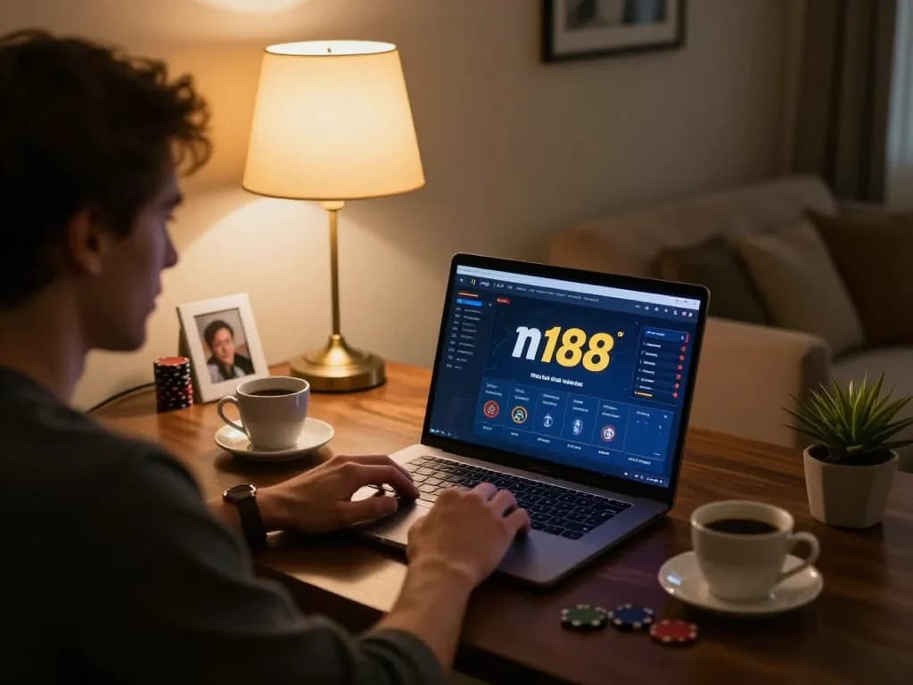 Player engaging with n188 poker platform on a stylish home laptop, warm coziness visible.