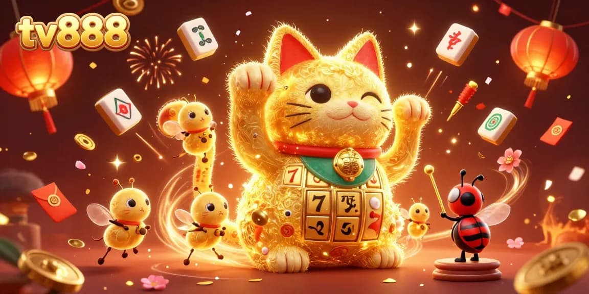 Experience the excitement of tv888 with a dynamic illustration featuring a lucky cat and casino symbols.