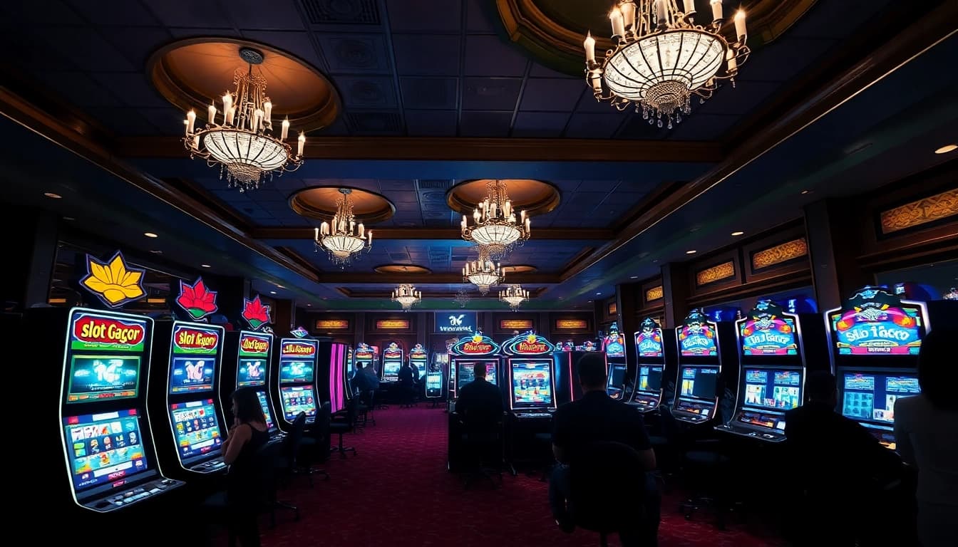 Players enjoying slot gacor machines in a vibrant, luxurious casino atmosphere.