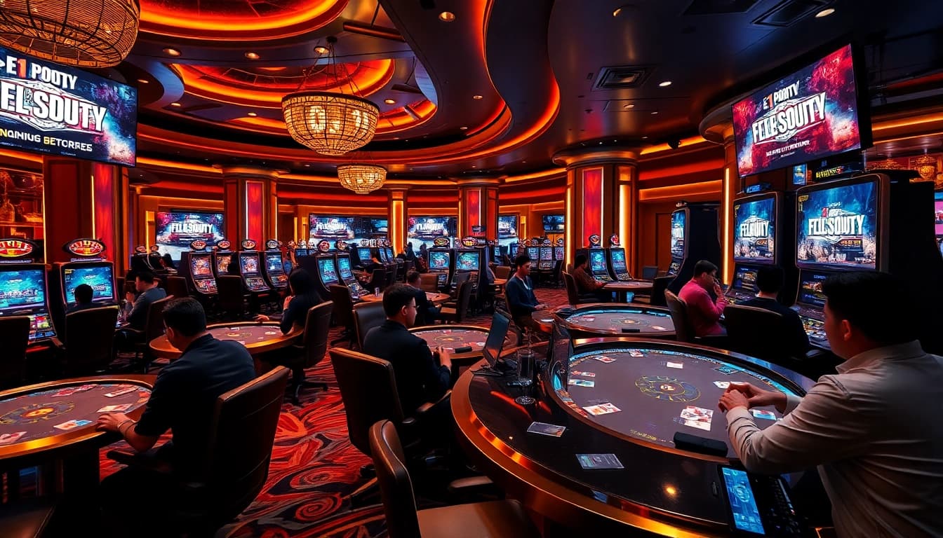 Exciting gaming atmosphere with E1 Sport CoD players strategizing at plush casino tables.