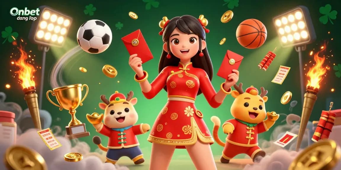 Experience exciting wins at Onbet đăng nhập with a vibrant 3D illustration of a festive casino scene, filled with action.