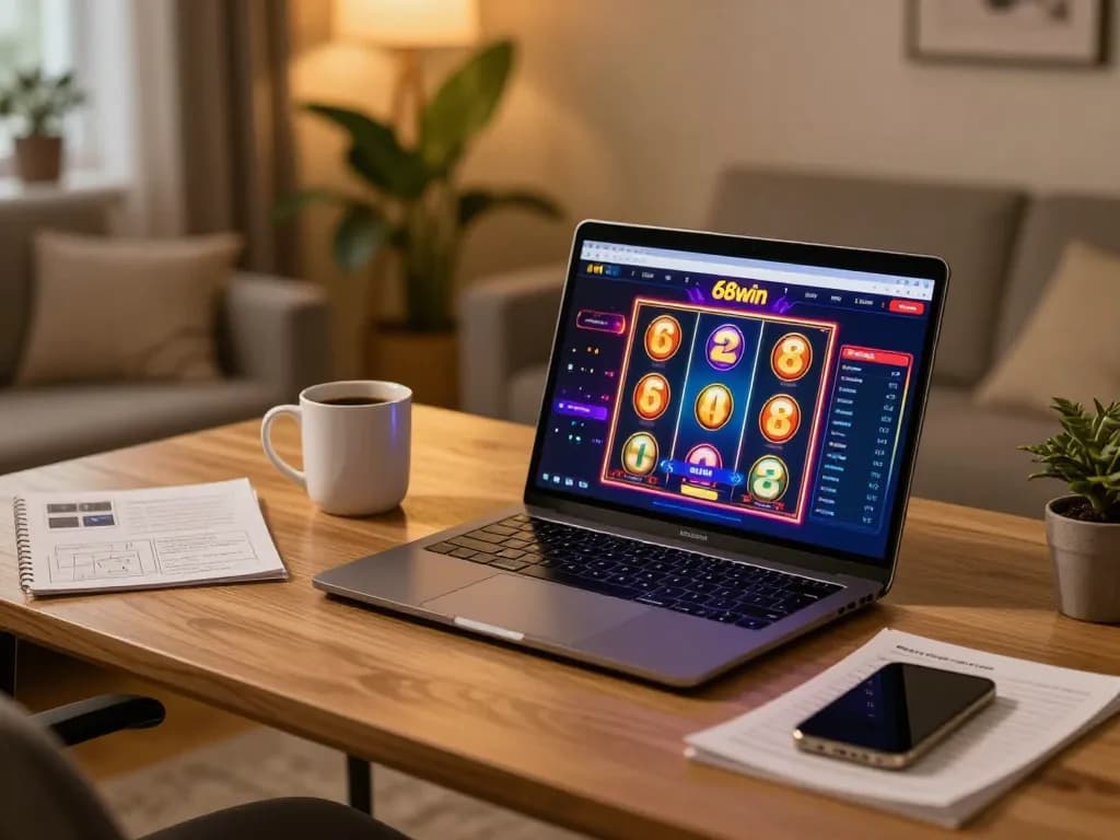 Engaging online gaming scene with a 68win laptop interface and cozy home ambiance
